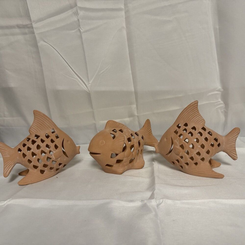 Terra Cotta Fish Votives Set of 3 New Old Stock Home Porch Tea Light          BS